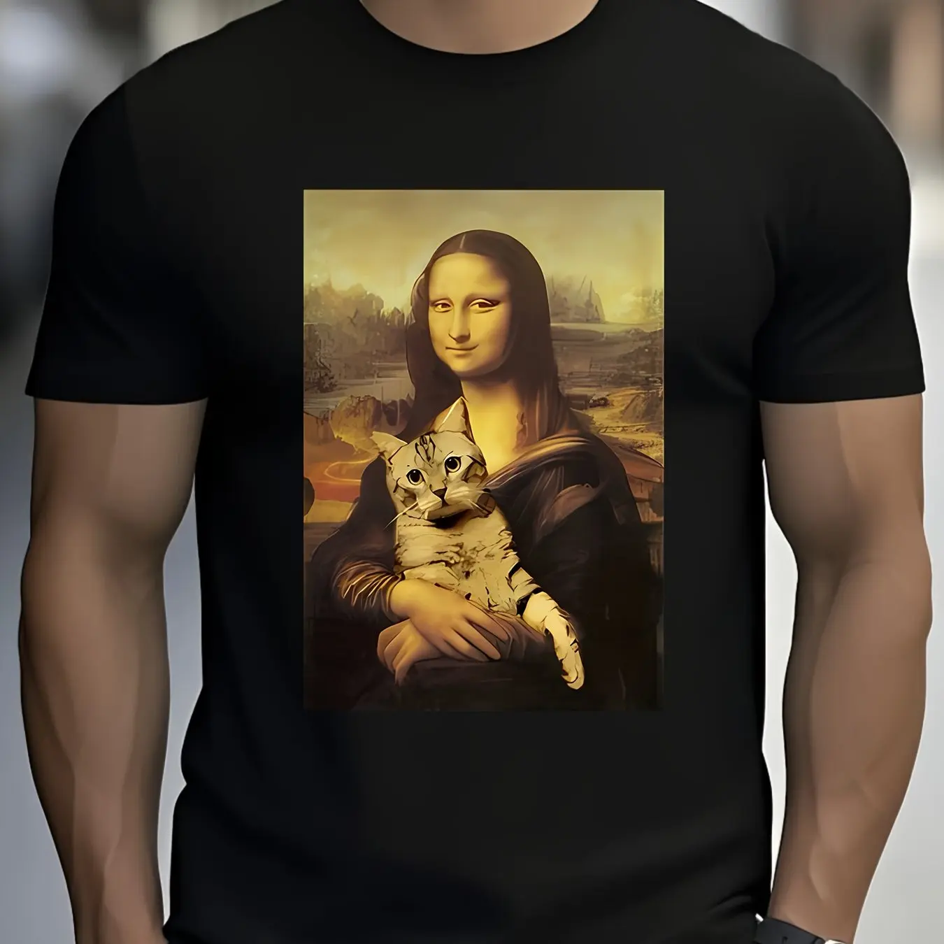 Men Mona Lisa Graphic Tee - Brown Casual Short Sleeve T-Shirt with Feline Portrait Round Neck Summer Everyday Tshirt
