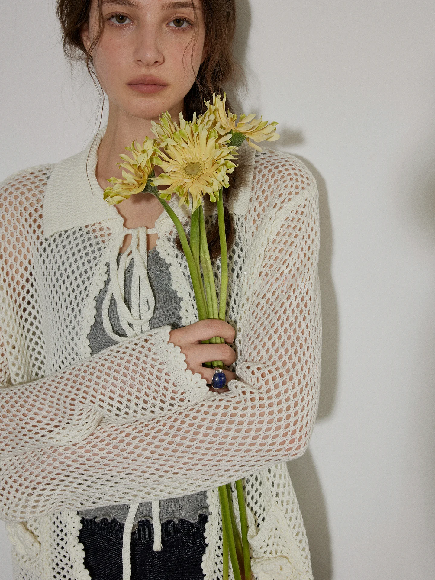 

Lofi Choose женский открытый кардиган, вязаный дизайн с ажурным воротником, свободный крой, длинный топ-све, осеннее новое поступление