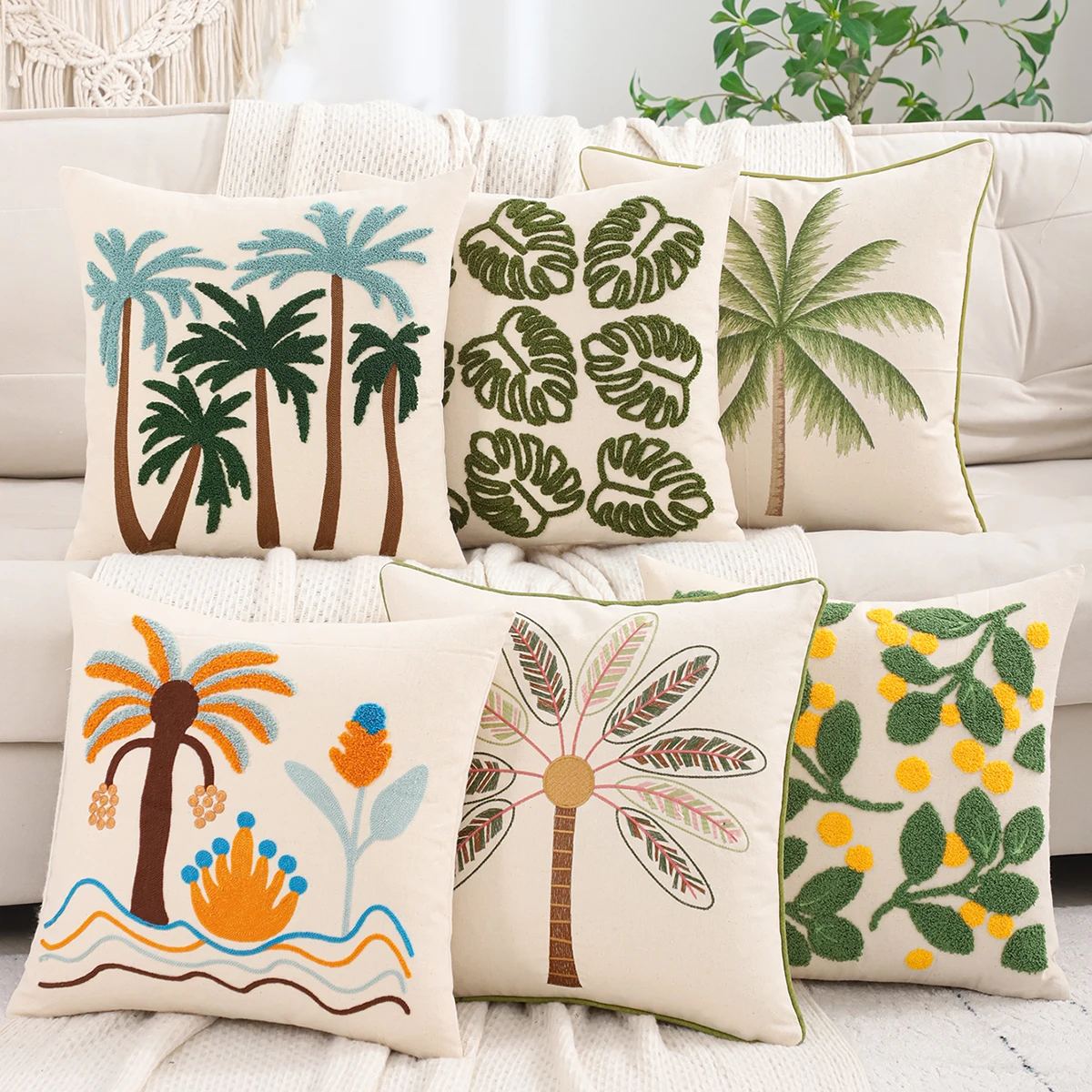 1 PC Palm Tree Embroidered Pillow cover Canvas Spring Summer Living Room Bedroom Sofa Decoration, Beach Vacation Style