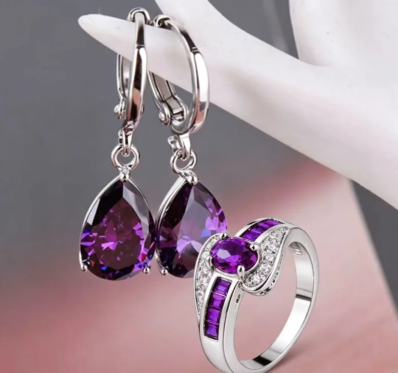 Purple zircon ring and earring two-piece set, elegant and luxurious