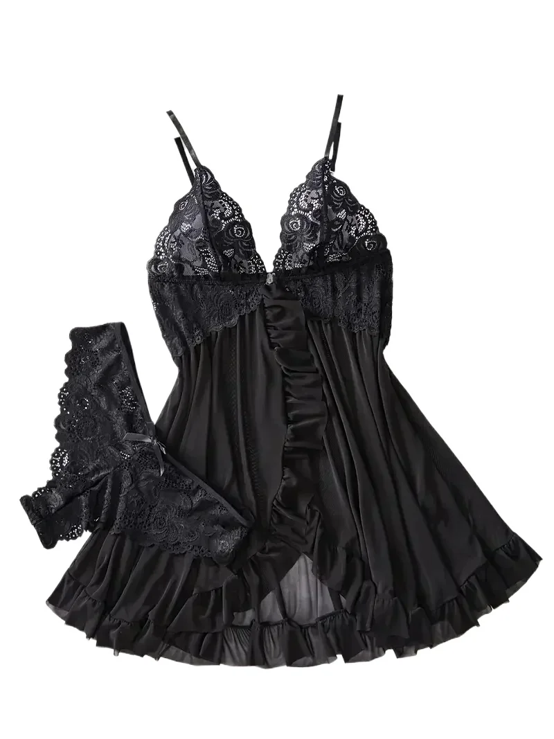 Damska koszula nocna, seksowna koronkowa halka, koszulka nocna z kokardą, bielizna nocna, gładka, dopasowana, miękka sukienka, dekolt w serek, pełna halka, zestaw bielizny nocnej i sukienek.