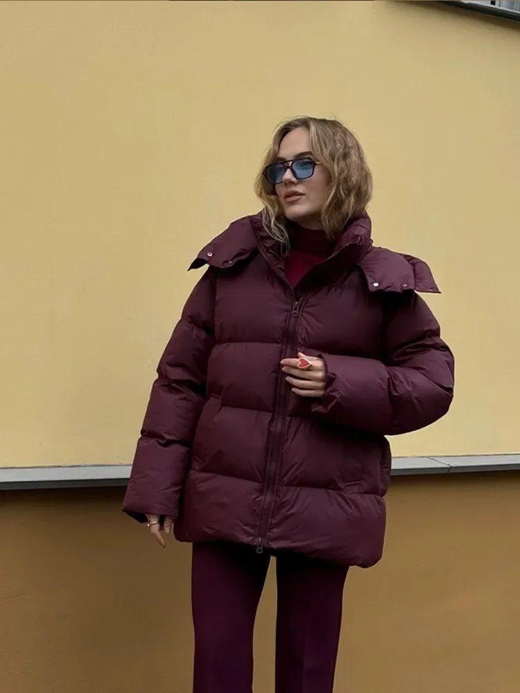 Abrigos elegantes con capucha color Burdeos para mujer, Chaqueta de algodón con cremallera y solapa a la moda, ropa de abrigo cálida para invierno para mujer