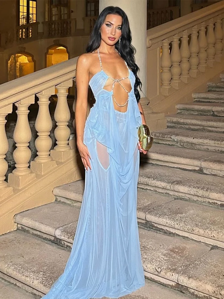 Vestido de fiesta Nibber para mujer, sexy, transparente, lujoso, con cadena, halter, escote bajo, espalda descubierta, sin mangas, elegante para noche