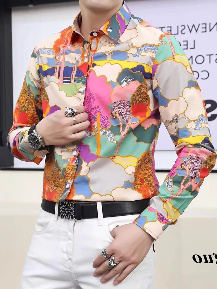 

Мужская повседневная роскошная футболка с принтом «Облака», длинный рукав, приталенный крой, модная, весна-осень, европейский стиль