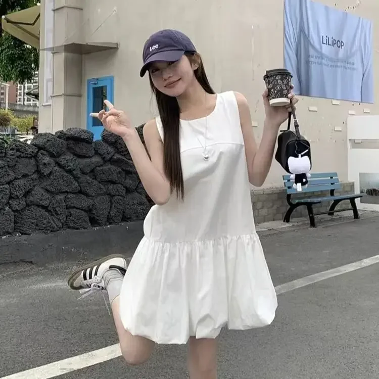 فستان نسائي بسيط بلون سادة ملابس عصرية كورية 2025 صيفي بدون أكمام رقبة مستديرة لطيف نحيف فيستدوس فام #2