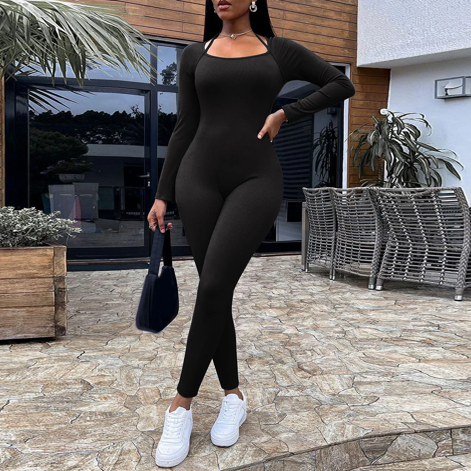 

Fitness Outfit Female Casual Sporty Workout Ribbed Jumpsuit Women Rompers Long Sleeve Skinny Activity Wear Overalls Tops