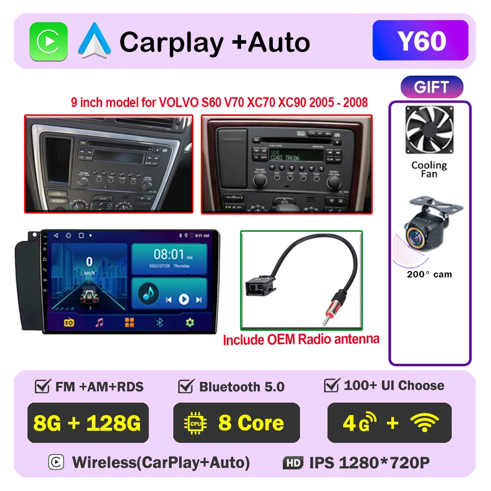 Auto radio CarPlay voor Volvo XC70 V70 S60 2000-2009 Android Auto multimediaspeler stereo 8-core autoradio DSP 5G WIFI scherm DVD - afbeelding 1