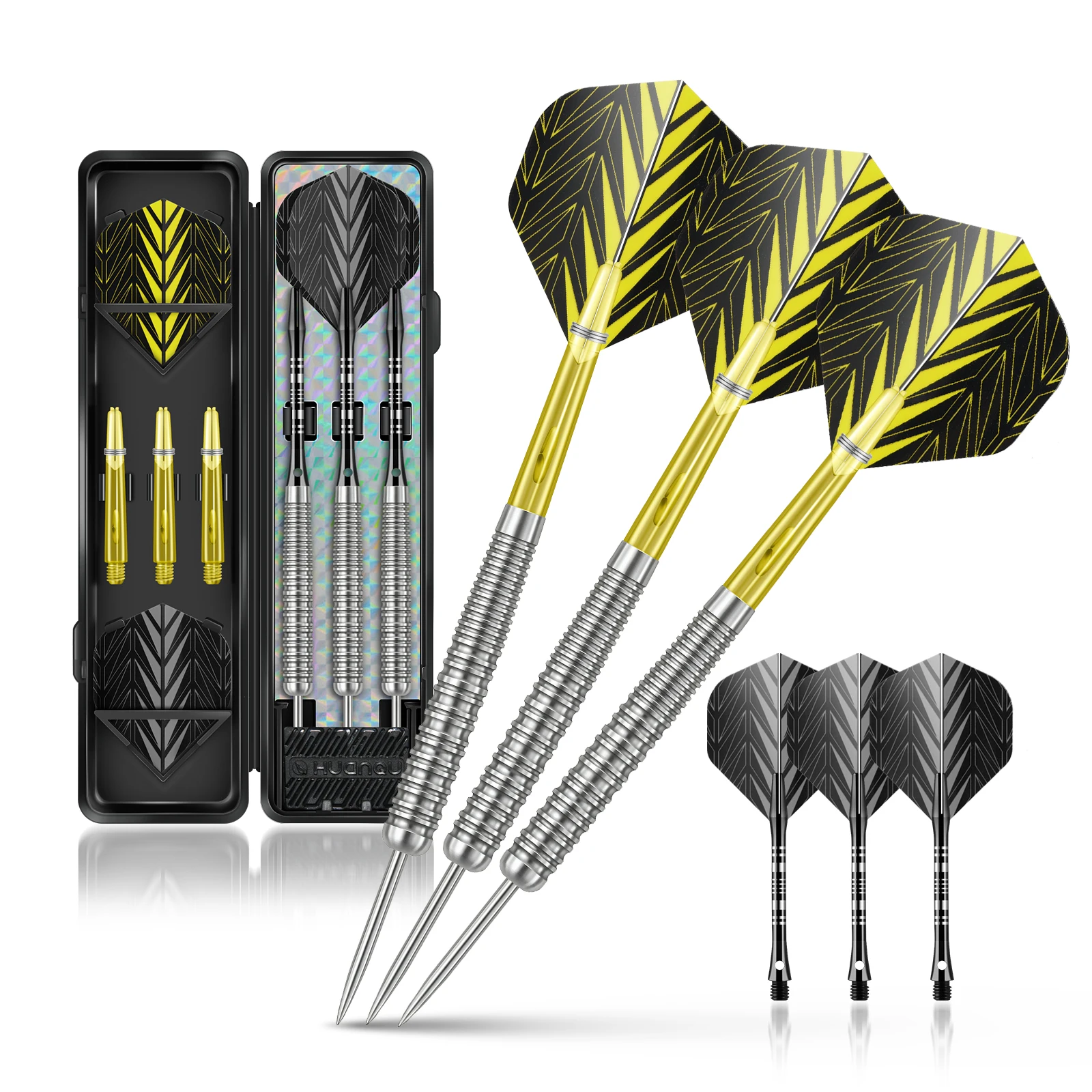 Huanqu 17g 3-Piece Iron Hard Dart Set, Professional Steel Tip Darts, Textured Grip Dart Barrel, Plastic Dart Shaft with Aluminum Shaft Design, Includes Spare Dart Wings and Portable Storage Box, Suitable for Dart Board Training, Home Entertainment, Competitive Games, and as a Gift for Dart Enthusiasts