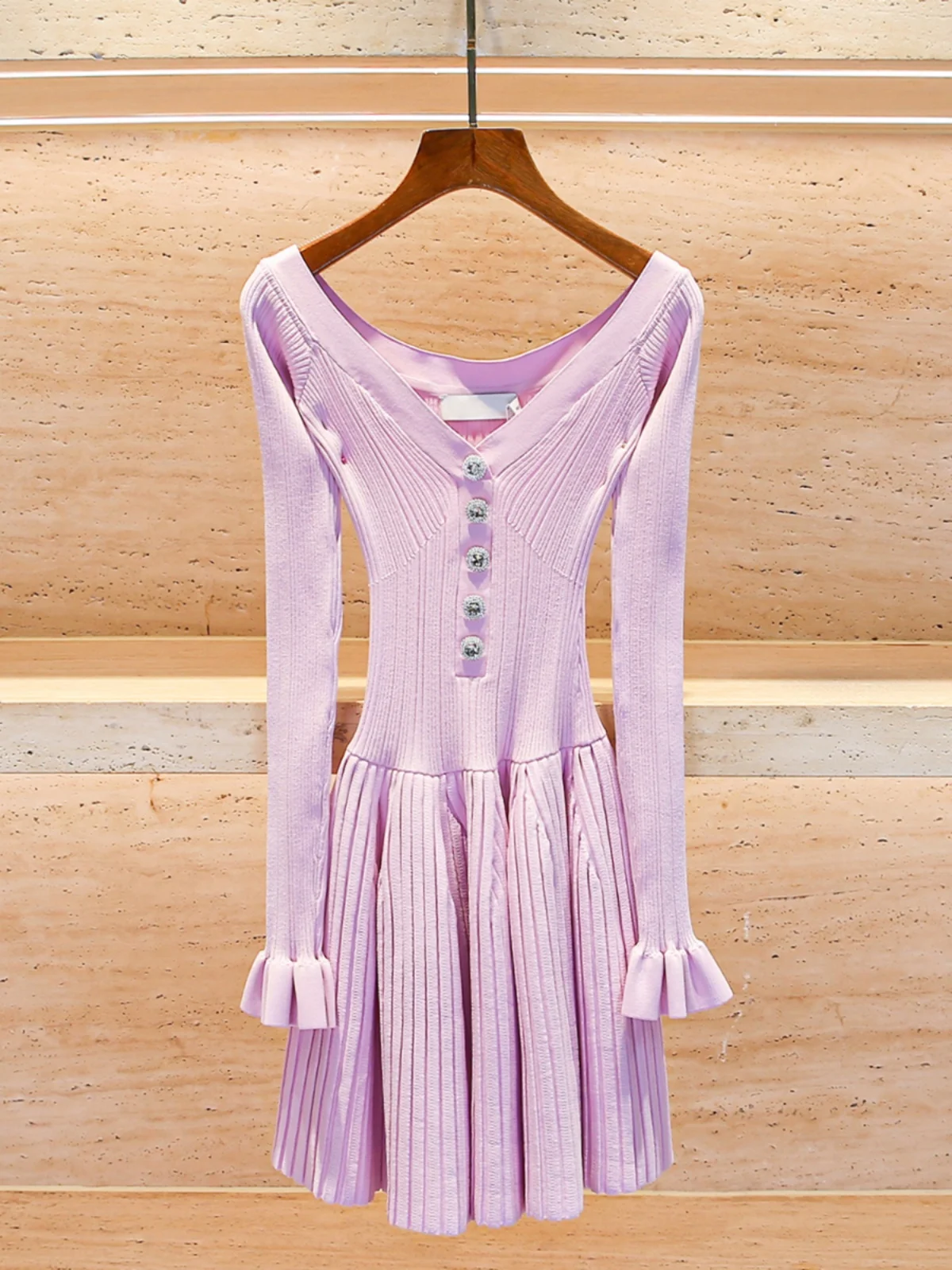 Rosa gestrickt Dr One Oulder Flared Sve High Waist A-Line Silhouette Frühling 2025, Ele Damen Faion, weiches Polyester