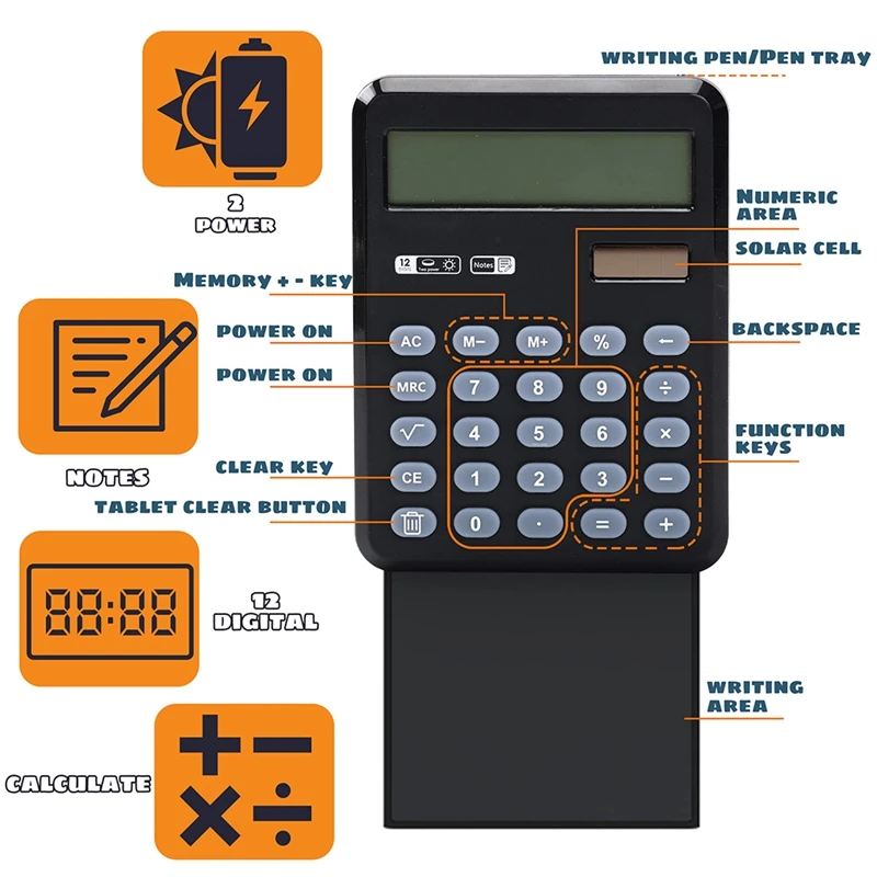 Handwriting Portable Basic Calculator With Writing Pad, 12 Digits Desktop Pocket Calculator For Office Home School Black