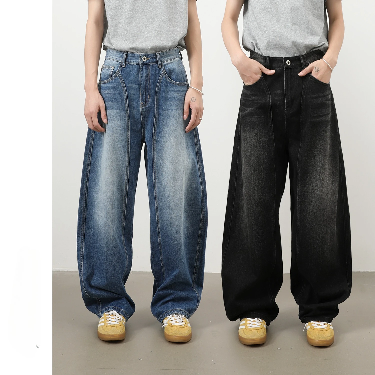 

2026 Fashion Vintage Men's Blue Black Grey Casual Trendy Washed Spliced Simple Daily Wide Leg Denim Trousers Male Jeans Clothes