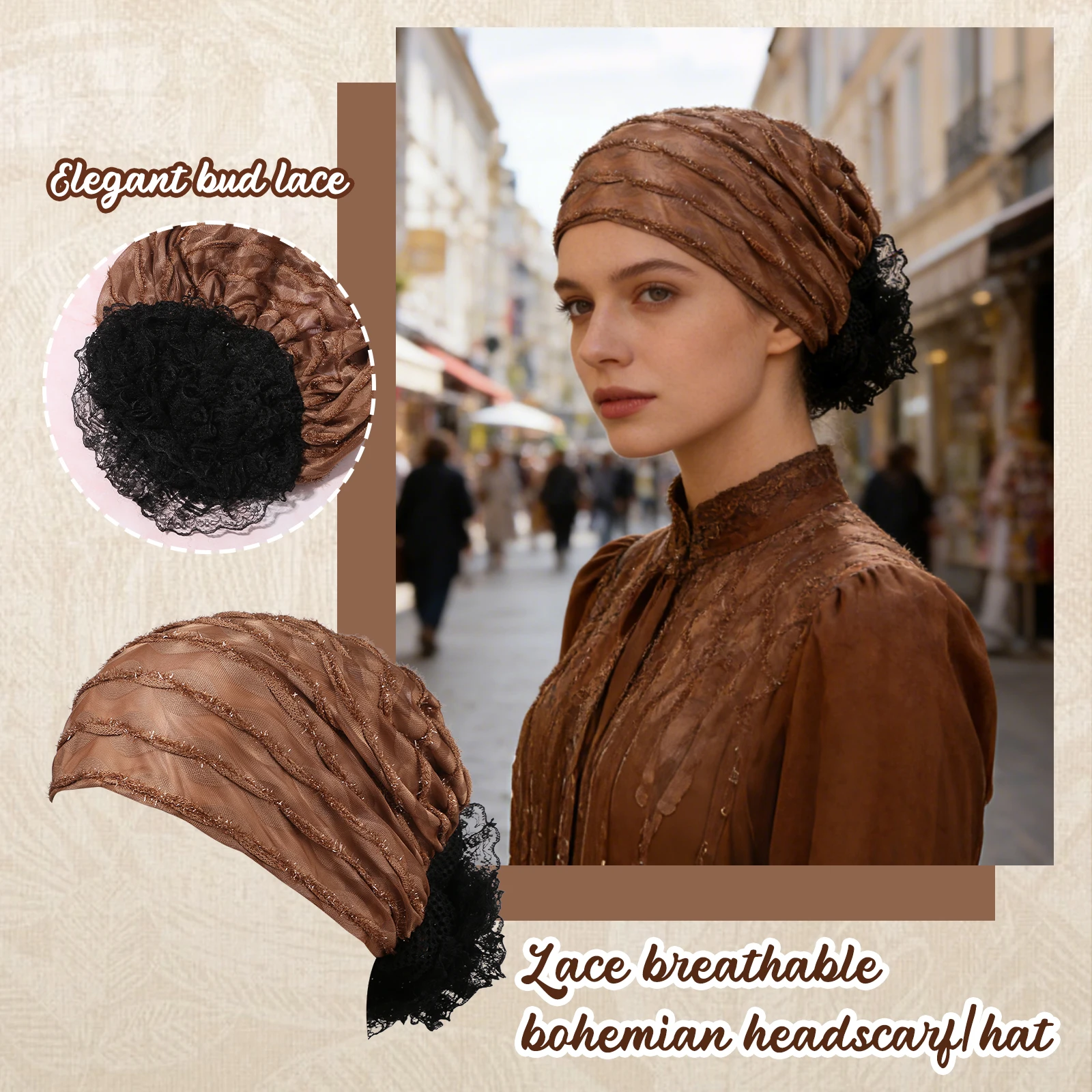 

Women's lace breathable Simi Muslim headscarf cap, mesh thin chemotherapy cap, and Mother's Day hat for music festivals.