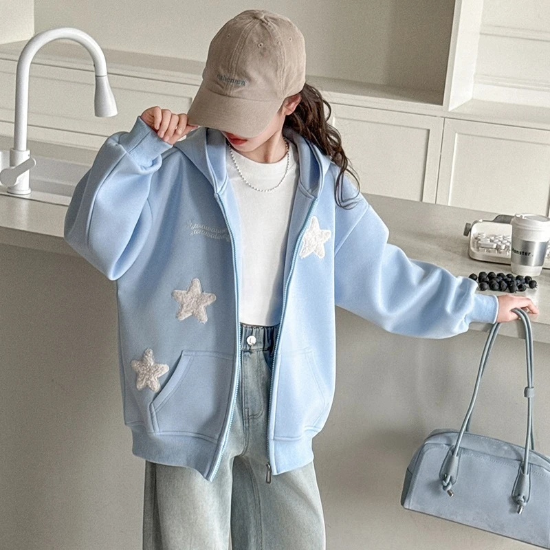 

Autumn 2025 New Girls' Pure Color Cotton Warm Casual Star Embroidered Hooded Sweatshirt
