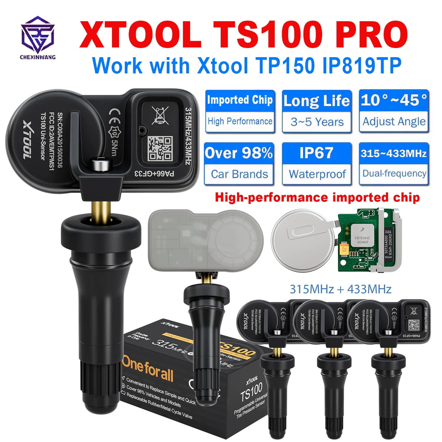 

Новый датчик XTOOL TS100 PRO 315 МГц 433 МГц Датчик давления в шинах TPMS Ремонтный тестер Инструмент программирования TS100 для Xtool TP150 IP819TP