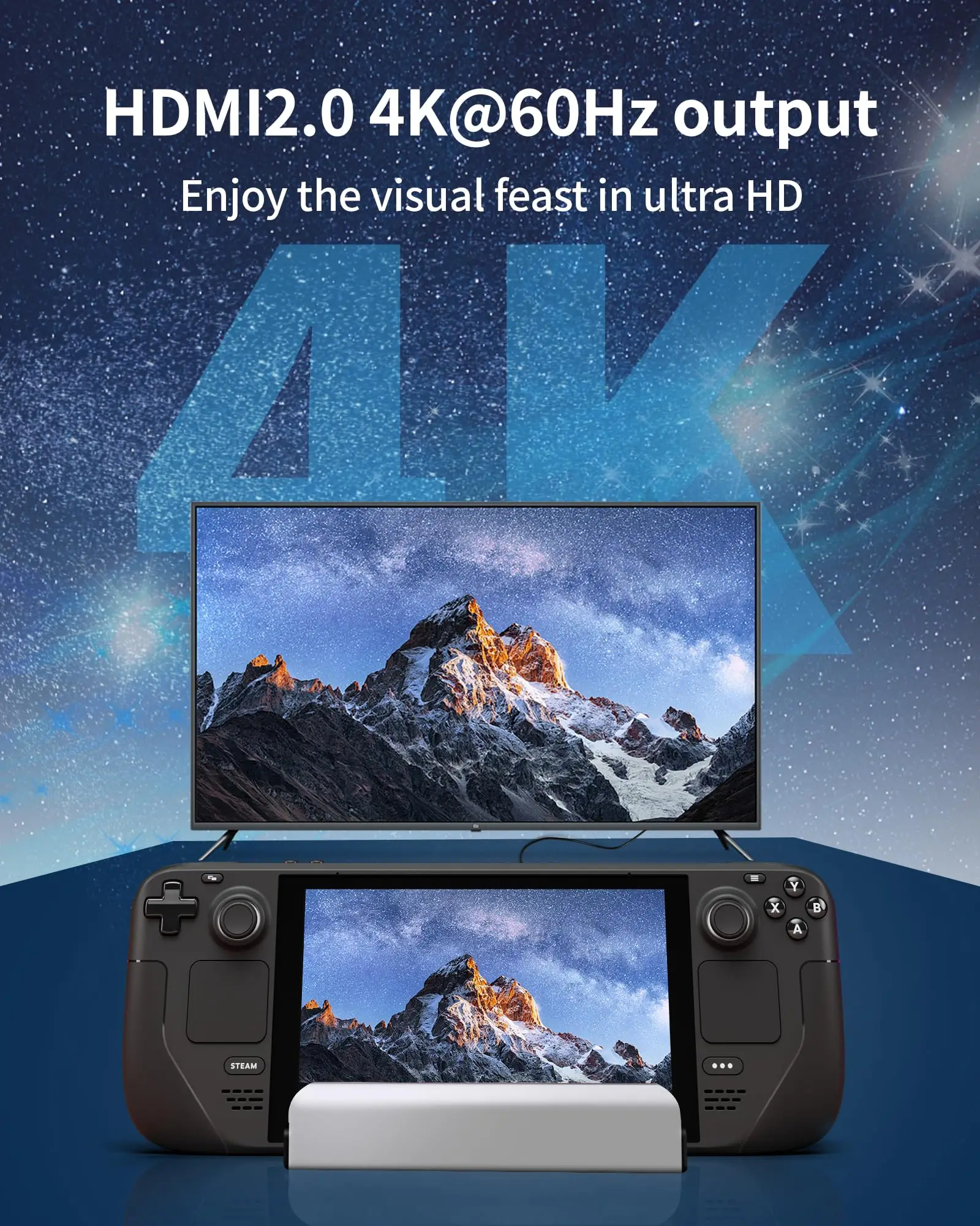 YKDAWN 도킹 스테이션 스팀 데크 도크, HD 2.0 지지대, 최대 4K @ 60Hz, 3 USB-A 3.0 포트, USB-C PD3.0 충전 포트, 6 인 1