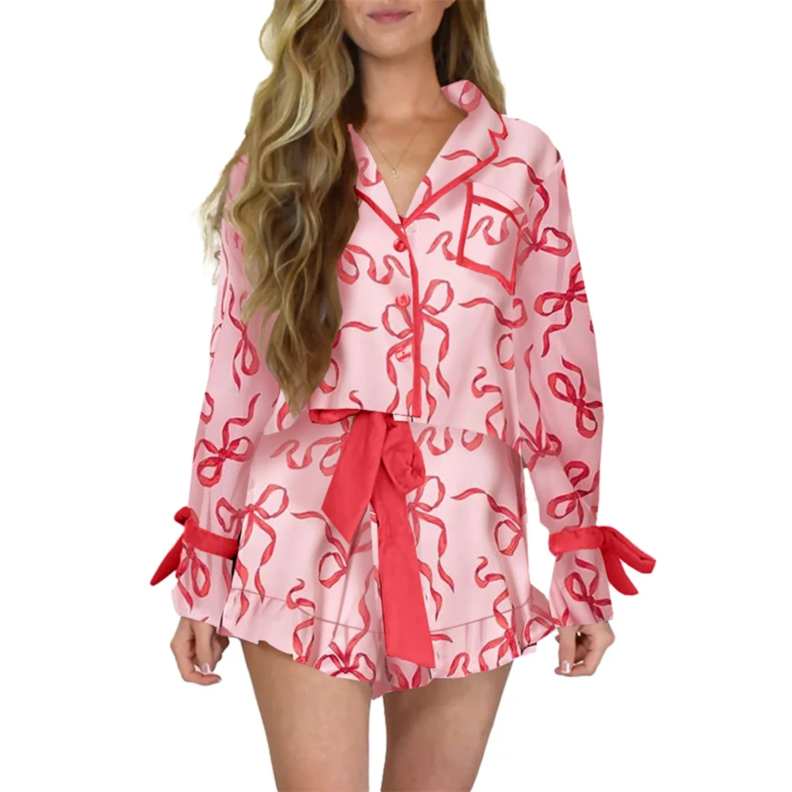 hirigin Christmas Pajamas for Women Bow Santa Claus Print Long Sleeve Shirts Ruffle Shorts Lounge Set Xmas 2 Piece Sleepwear