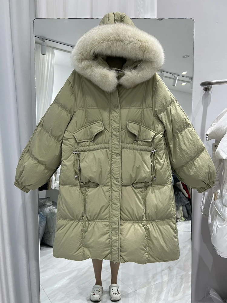 

New Women's Long Down Jacket 2023 Winter Korean Big Pocket Thickened 90% White Duck Down Coat Long Sleeve Roupas Femininas