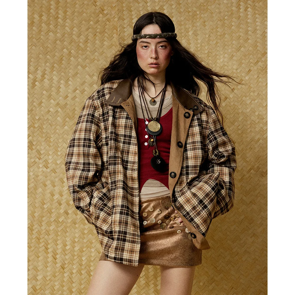 

2 Sides Wearable Plaid Jacket Overcoat Men Women Loose Casual Streetwear Y2k Fashion Vintage Cargo Jacket Unisex Coat Outerwear