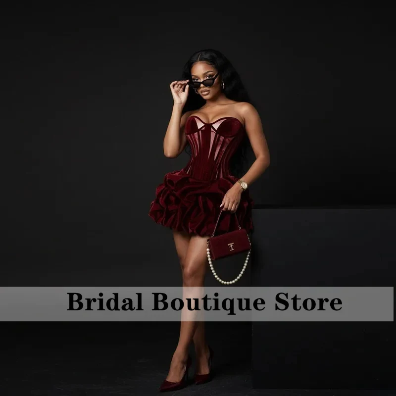 

Sexy Wine Red Ruched Bubble Short Women Party Dresses With A Corset Bustier Girls Birthday Mini Dress Customized