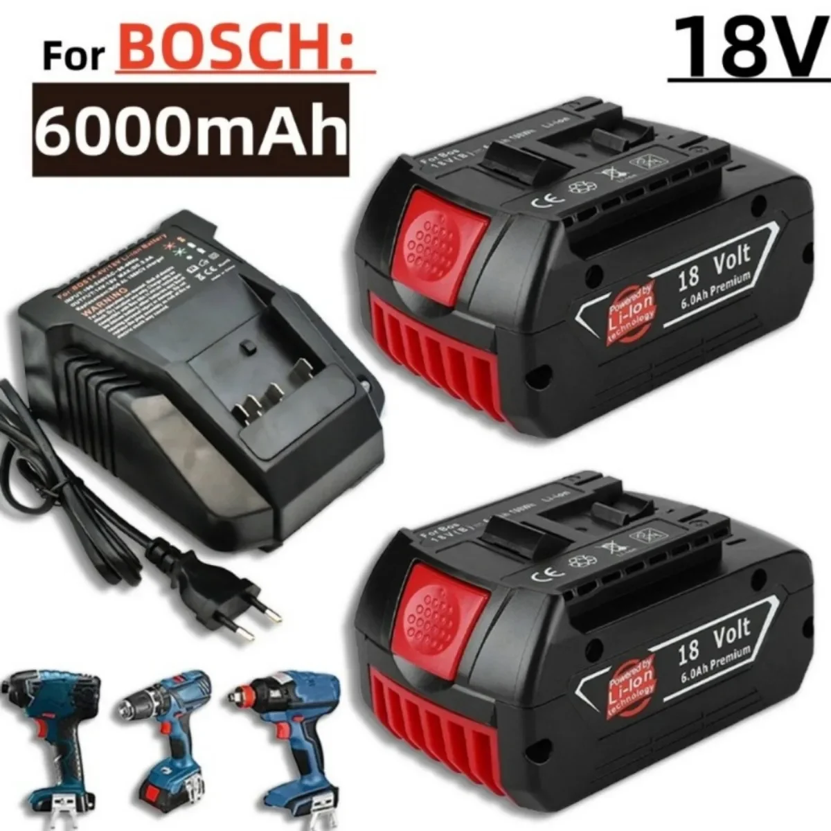 18V 6.0Ah Rechargeable Lithium-ion Battery for Bosch BAT609 BAT609G BAT618 BAT618G BAT614 for Electric Drill with Charger