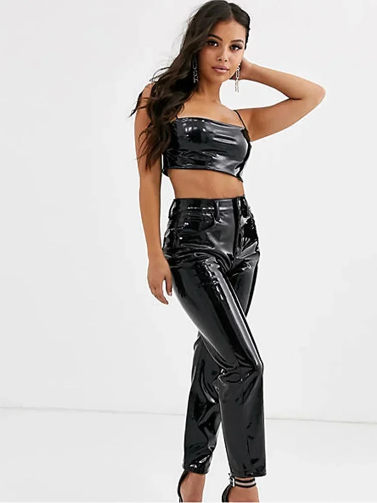 Women High Waist Faxu Latex Pencil Pants Shiny Patent Leather Buttom Zipper Bodycon Trousers Ladies Clubwear Street Pants Custom