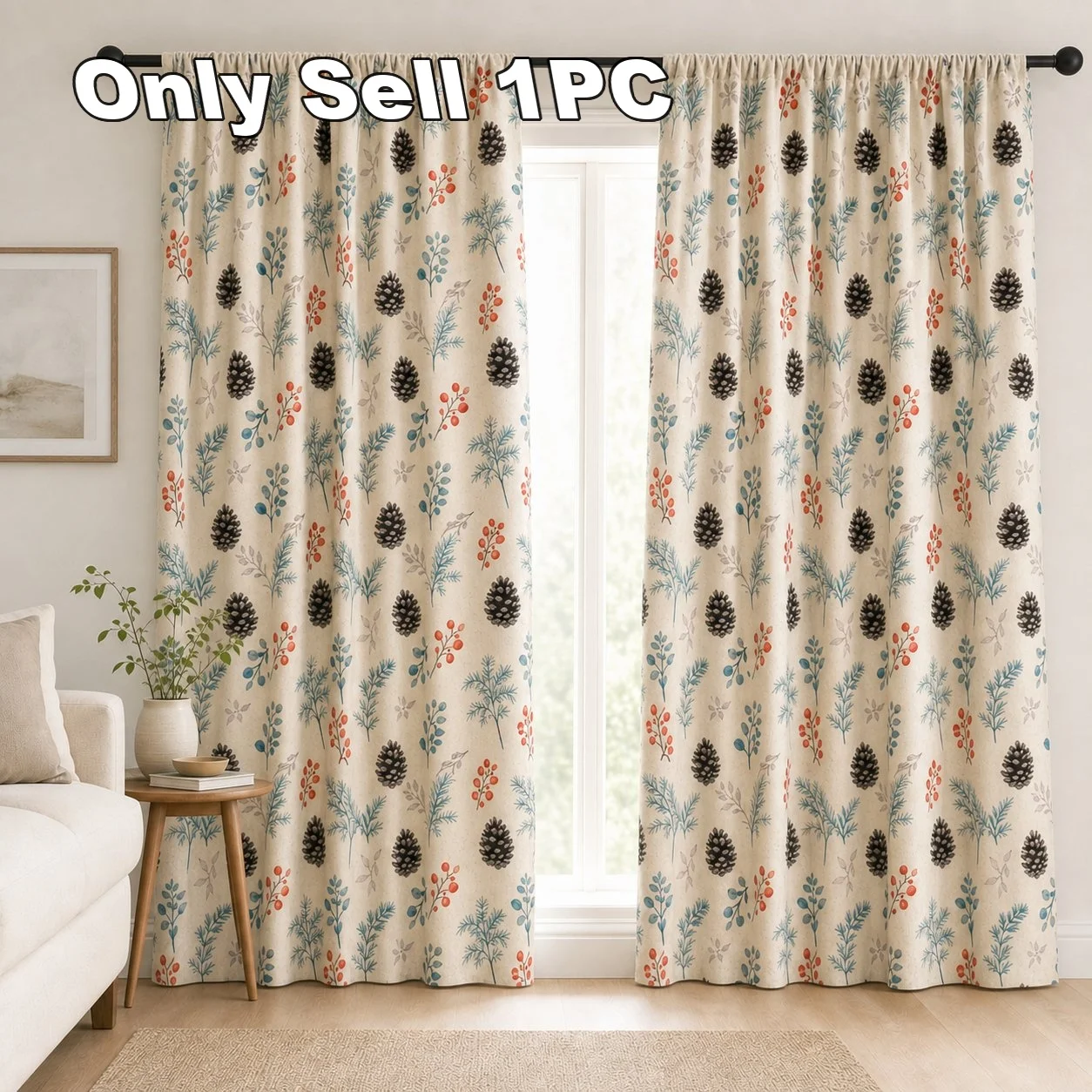 1PC Vintage Cherry Print Linen Curtain, Semi-Sheer Privacy Window Drapery, Retro Tea House Style, Single Piece, Light Filtering