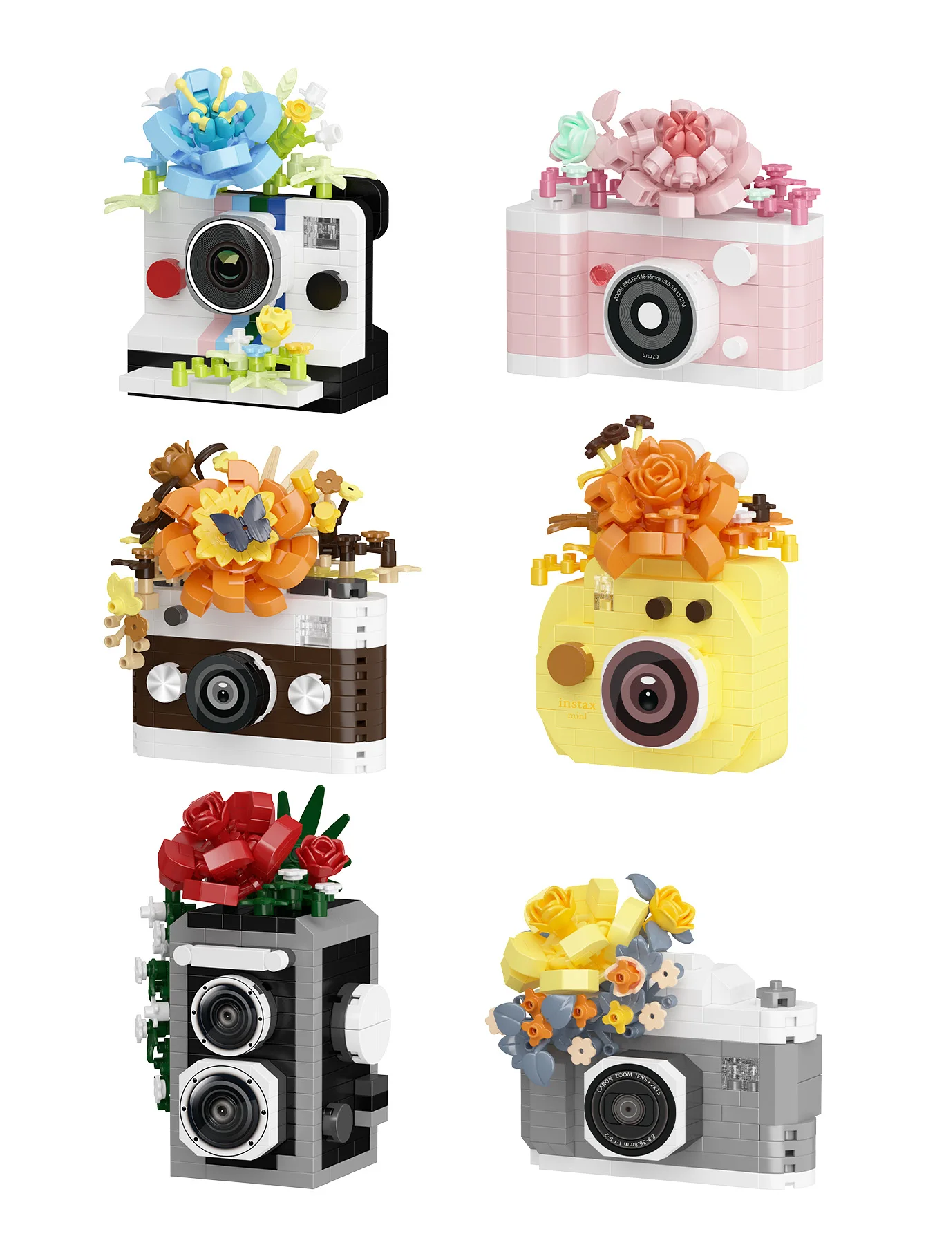 كاميرا عتيقة وزهور لبنات البناء ألعاب ذاتية الصنع مجموعة الطوب الجسيمات الصغيرة ألعاب ألغاز لهدايا الأصدقاء هدايا عيد الميلاد