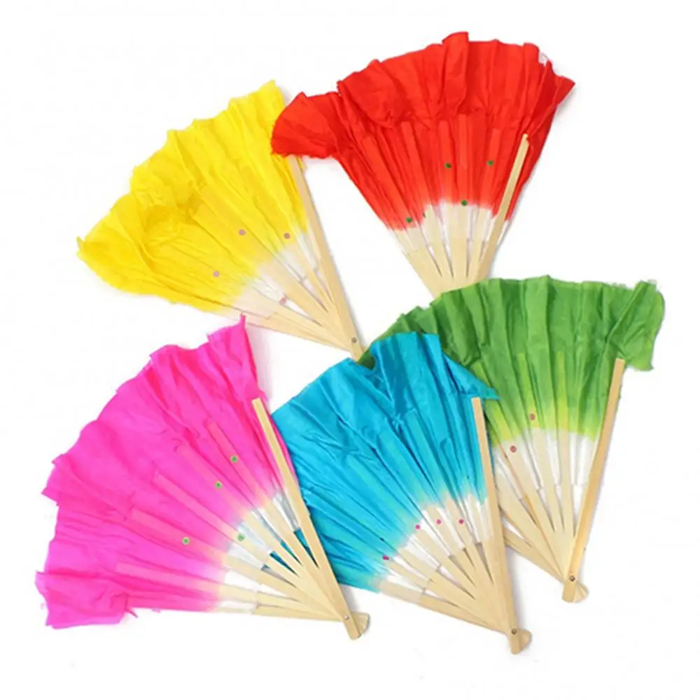 Yangko Dancing Fans Chinese Bamboo Handle Artificial Two-sided Silk Folk Art Belly Dancing Fan Gradient Color Practice Fans