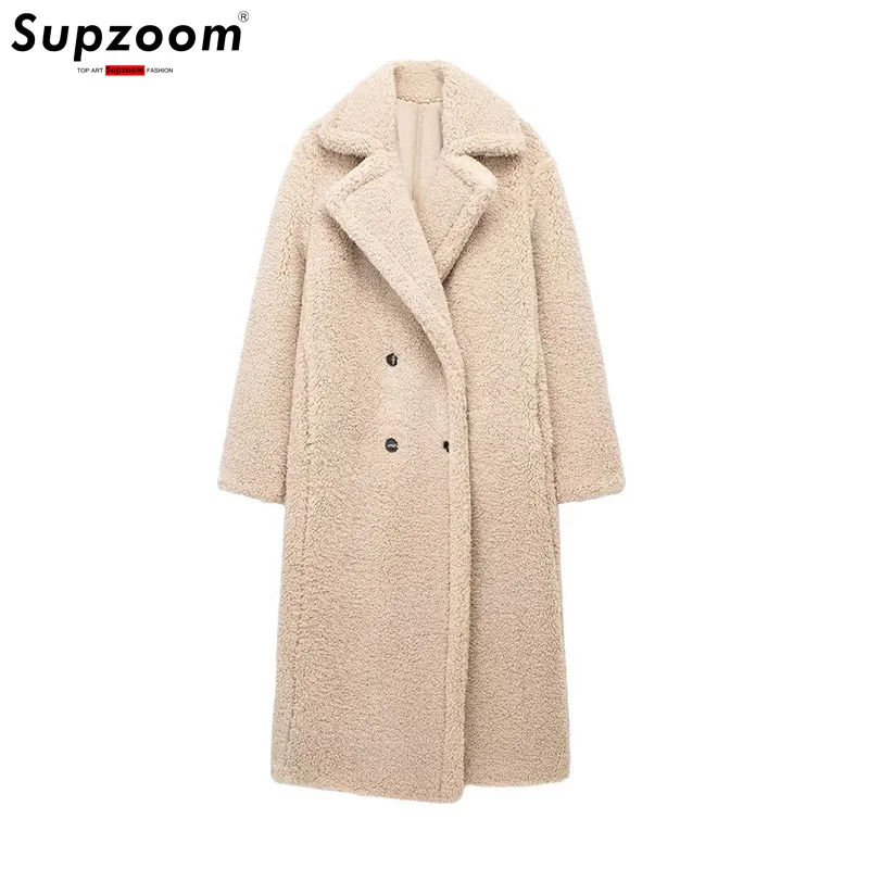 

Supzoom 2026 New Arrival Top Fashion Autumn And Winter French Double Breasted Fleece Long Coat With Fleece Decoration