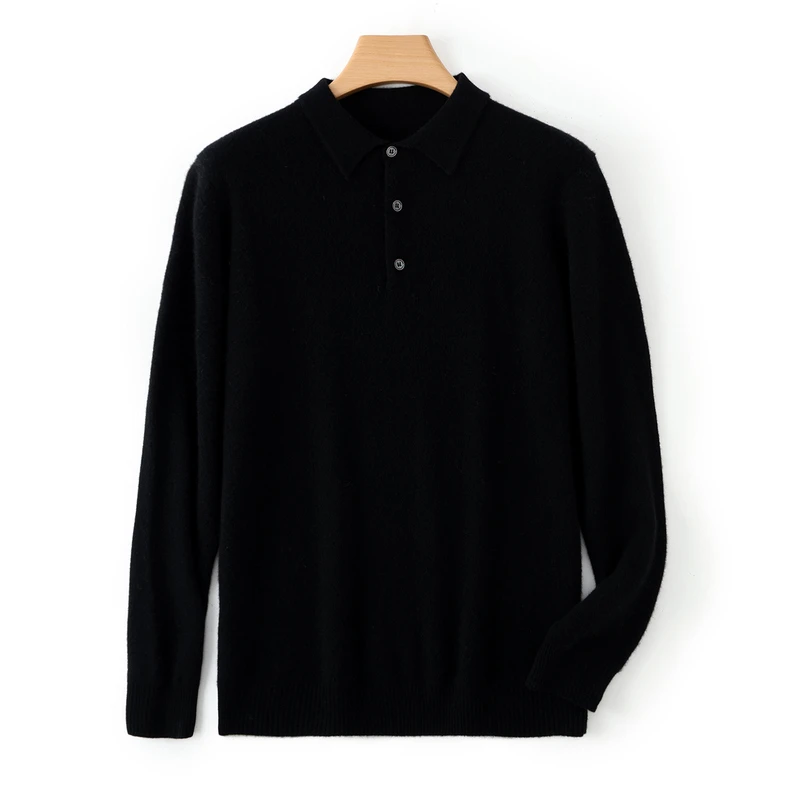 Roupas de outono e inverno 100% suéter de caxemira pura masculino gola polo suéter lapela de negócios camisa de fundo de malha quente