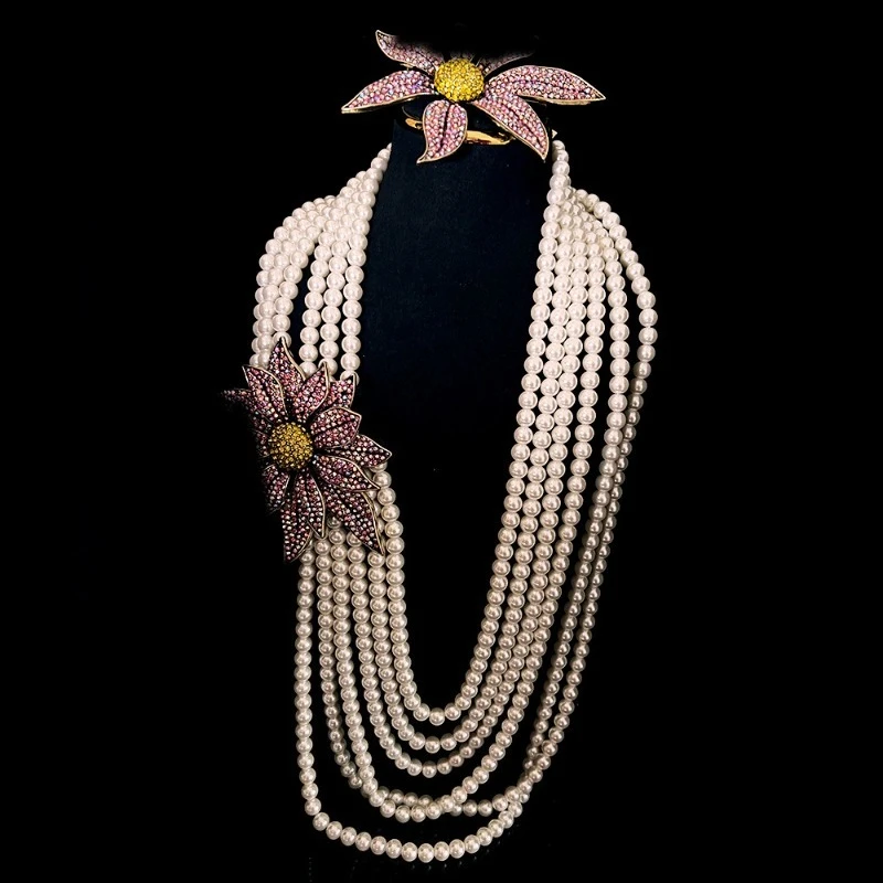 

Handmade Multi Layer Pearl Necklace for Women Luxury Crystal Flower Statement Long Necklaces Elegant Wedding Jewelry Gift