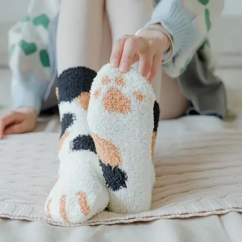 Super Soft For Female House Sleeping Floor Sox Plush Winter Funny Cute Style Animal Cat Paw Cartoon Pattern Women Cotton Socks