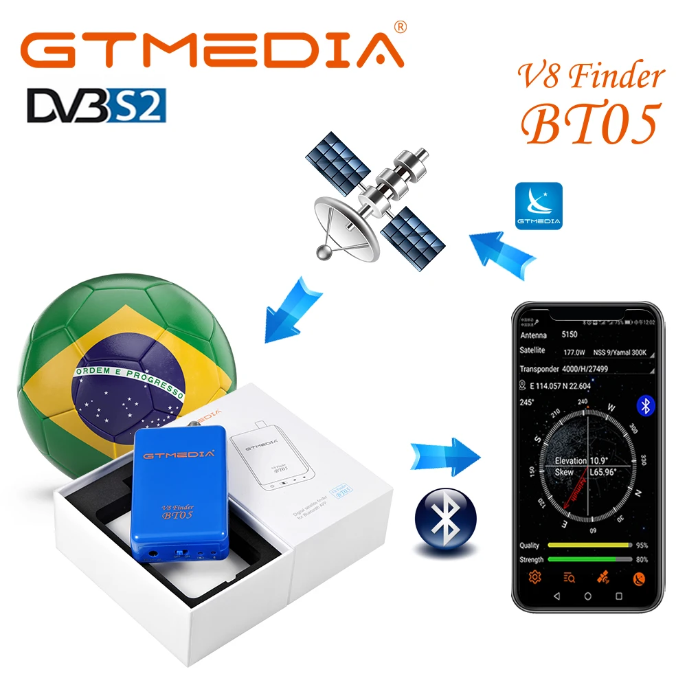 GTMEDIA Satellite Finder V8 Sat Finder BT05 DVB S2 satellite tv receiver for I0S/Android System 1080P Bluetooth Built-in Battery