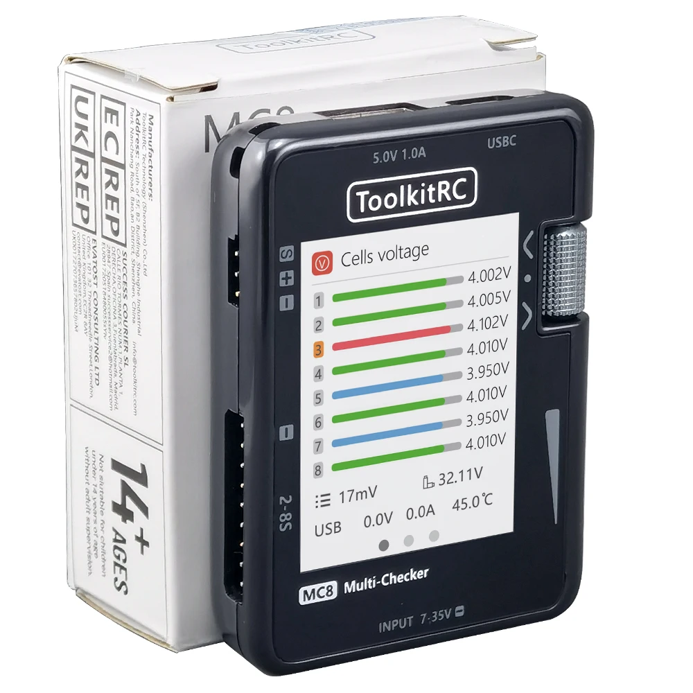 ToolkitRC MC8 Mini-Größe Zellenprüfer 32 Bit 2-8S Batterie-Multitester PWM-Ausgang PPM SBUS-Anzeige Mit USB-C Schnellladung