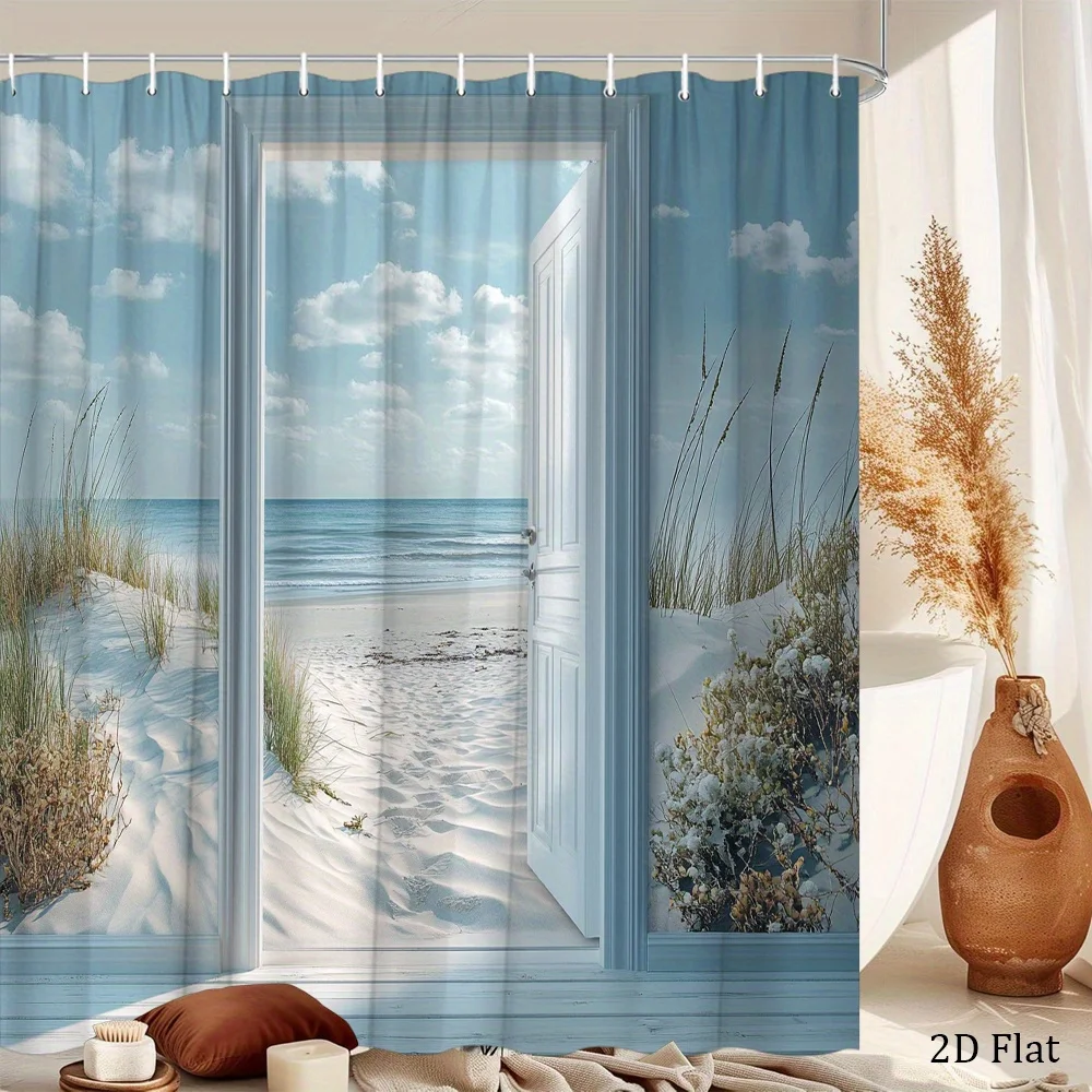 1pc a Beach Shower Curtain Featuring a White Door Leading to a Peaceful Sandy Beach View, with a Gentle Blue Sky And Beach Grass