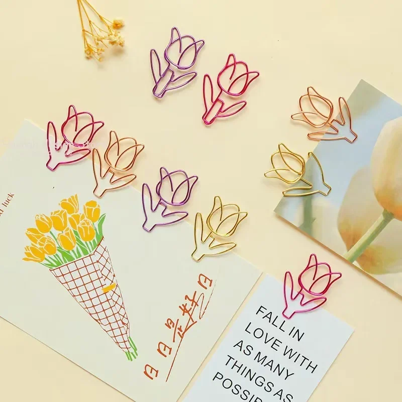 10PC Tulip Paper Clips Kawaii Notebook Planner Bookmarks Korean Stationery Tickets Photo Clips Office Supplies Bookmark Folder