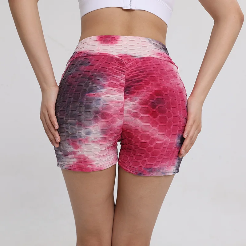 Women's High-Waisted Tie-Dye Bubble Jacquard Yoga Shorts - Butt-Lifting Fitness Workout Shorts with Pockets, Euro-American Style