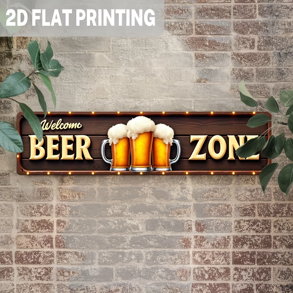 2D Flat, Single Piece, Rustic Welcome to Beer Zone Metal Sign for Bar Pub Decoration, Vintage Style Wall Art for Man Cave