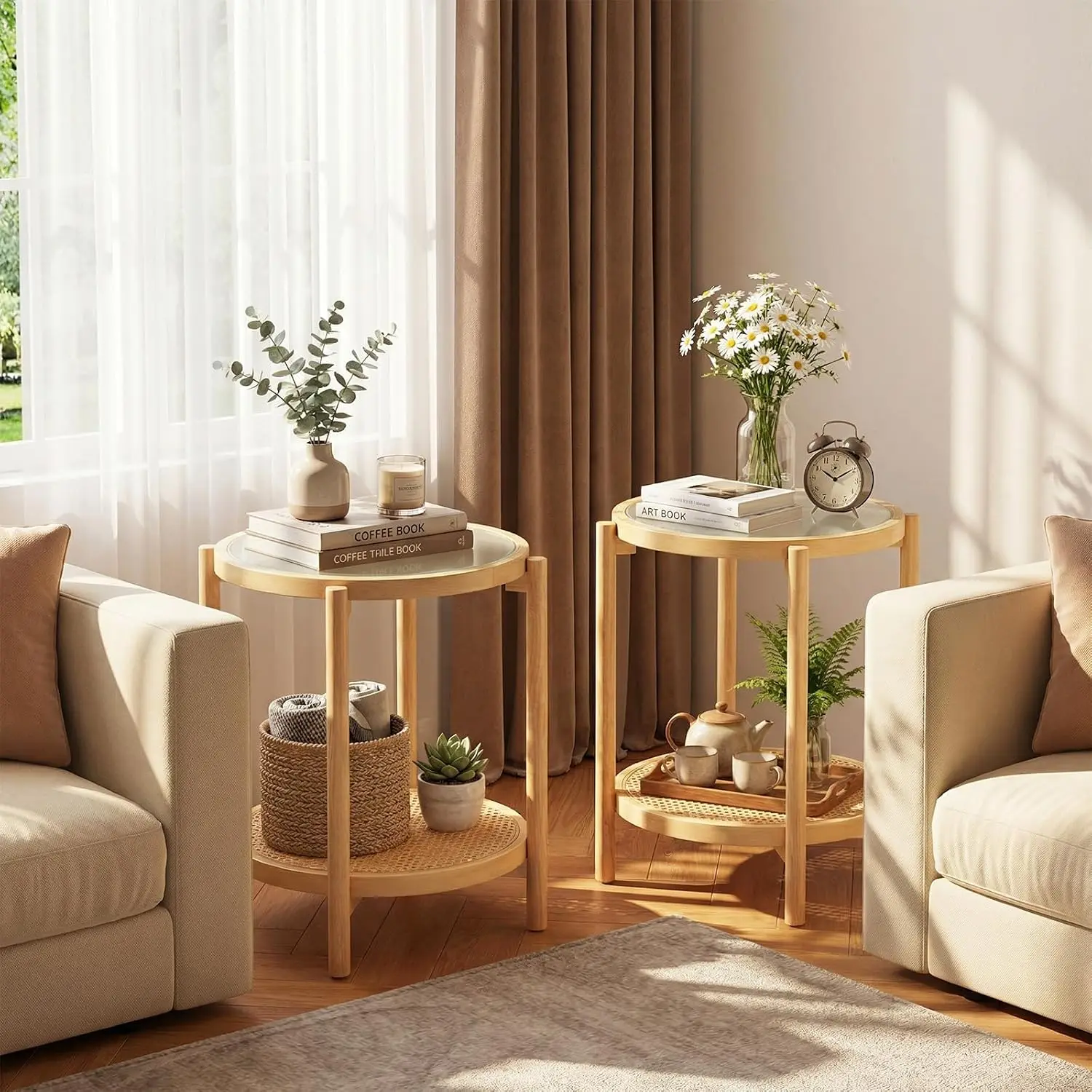 Rattan Round Side Table Set of 2, 2-Tier Boho End Table w/Tempered Glass Top, Storage Shelf & Acacia Wood Legs, Accent Coffee Ta