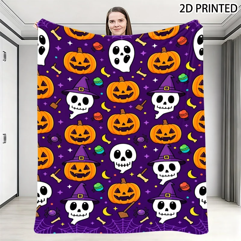 Whimsical Halloween Throw Blanket with Purple Background, Playful Spooky Pattern of Jack-O'-Lanterns, Ghosts, Spider Webs & Fest