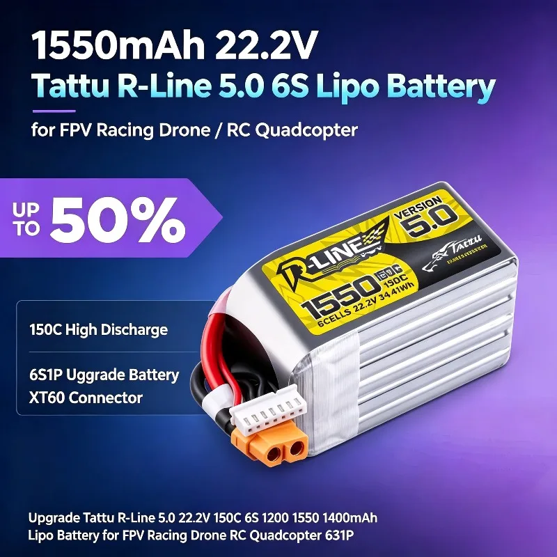 Upgrade Tattu R-Line 5.0 22.2V 150C 6S 1200 1550 1400mah Lipo Battery for FPV Racing Drone RC Quadcopter LIPO 6S1P Battery