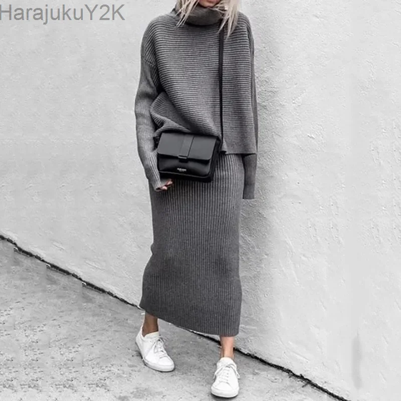 Knitted 2-piece Set Women\'s Fall/winter Leisure High Neck Loose Sweater +Knitted Skirt Suit Elegant and Fashionable Knitted Suit