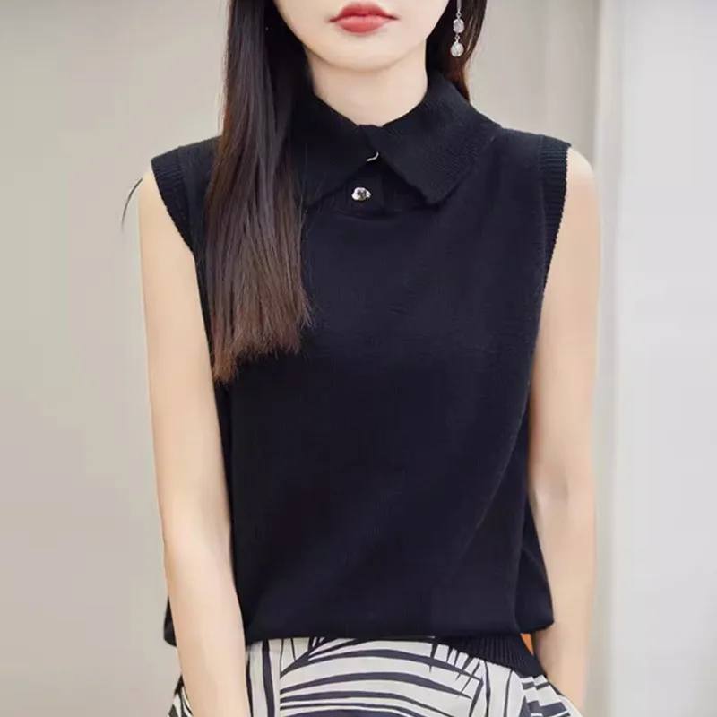 

Женский вязаный шерстяной жилет, модный многослойный отложной воротник, свободный крой, сезонный цвет, полиэфирное волокно