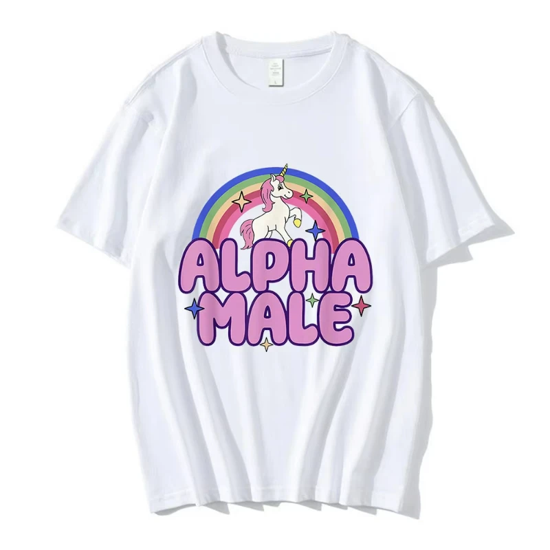 Fashion Alpha Male Unicorn Rainbow Funny Graphic T-shirt Men's Women Short Sleeve T-shirts 100% Cotton Casual Oversized T Shirts