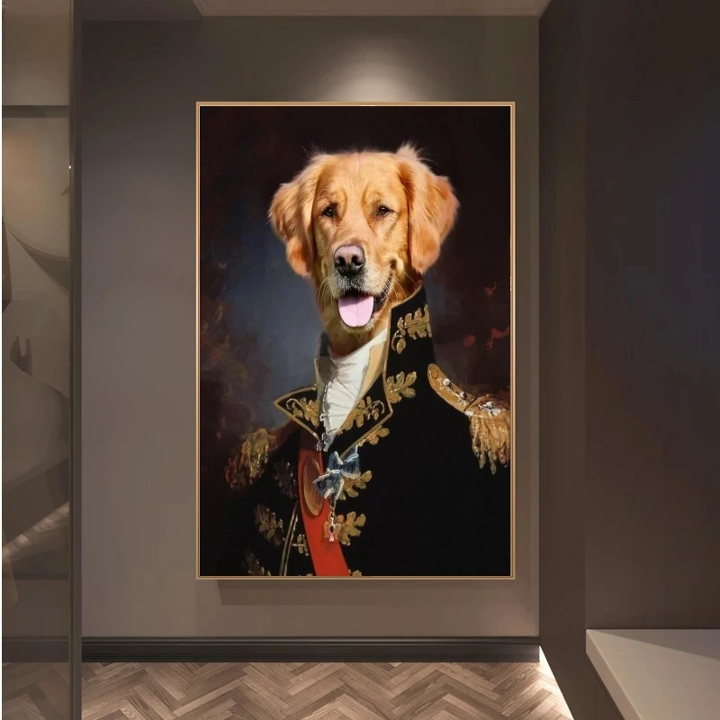 Póster de lienzo artístico impreso de animales clásicos, perro en uniforme militar, decoración de sala de estar, imagen de pared del hogar