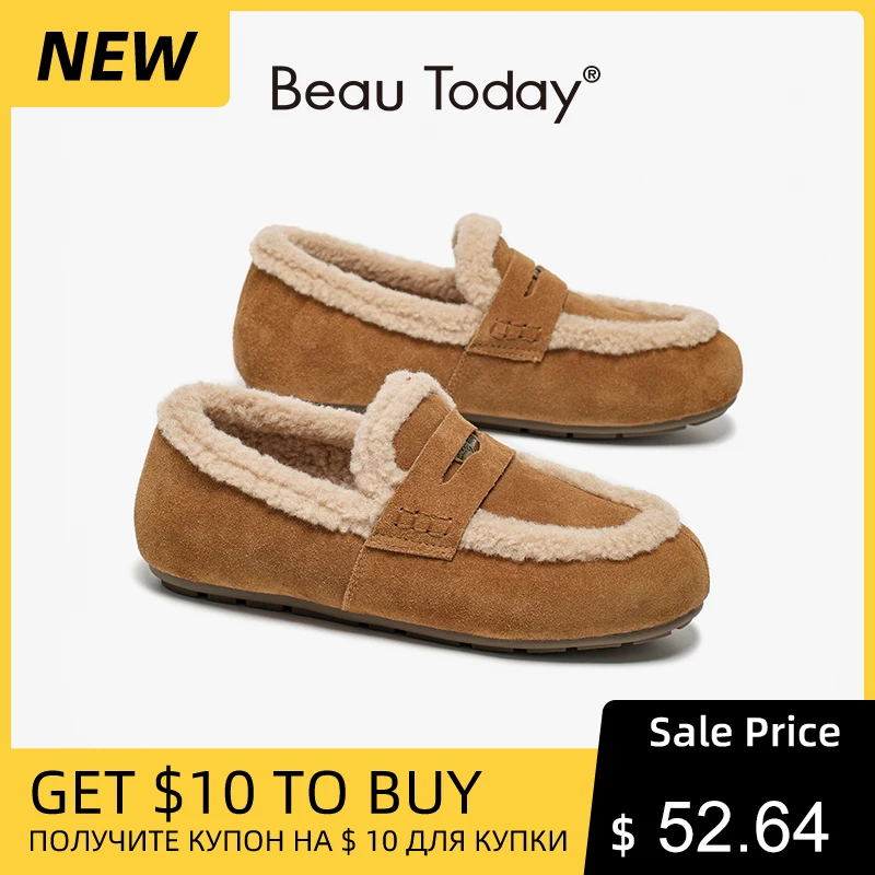 

BEAUTODAY Penny Loafers Women Cow Suede Leather Solid Color Round Toe Warm Flats Classical Furry Ladies Shoes Handmade 27863