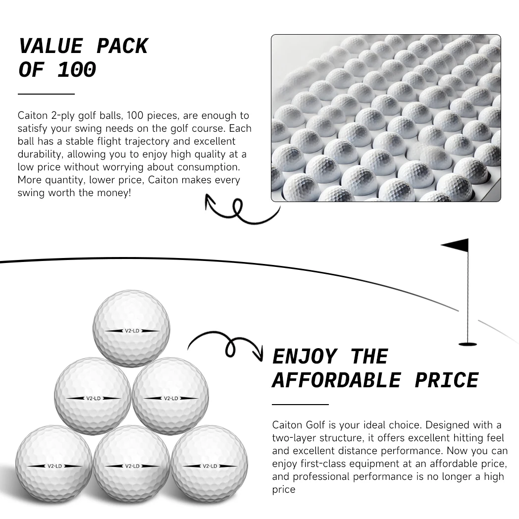 Caiton 100pcs 2-Layer Golf Balls - 332 Dimple, Max Distance, Spin Control, Durable, Precision - For Golf Training & Play