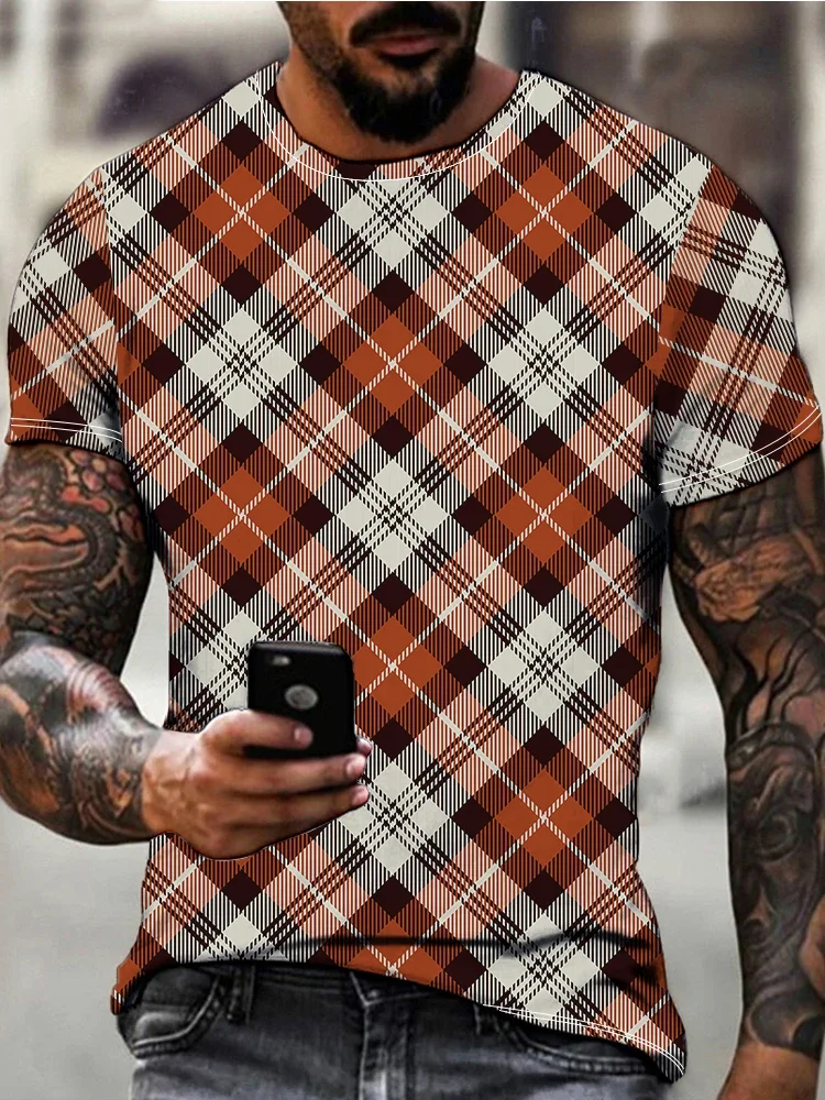 

2024 hot selling round neck short sleeve men's T-shirt plaid pattern 3D digital printing T-shirt retro fashion T-shirt