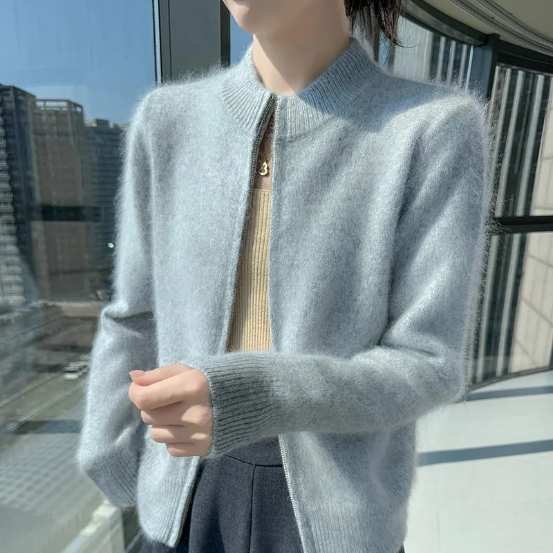 Cardigan con cerniera in lana di visone a maniche lunghe autunno e inverno Top da donna in maglia di lana allentata tinta unita