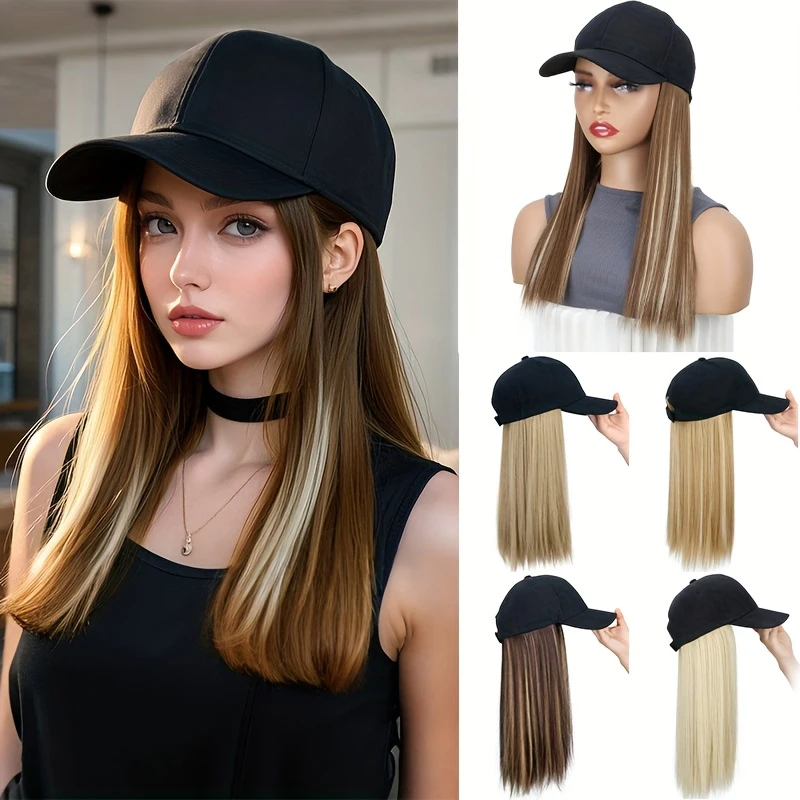 Synthetic Hat Wig Baseball Cap with Hair Extensions Long Straight Hair Baseball Cap Design Adjustable Hat Attached Hair Hat Wigs